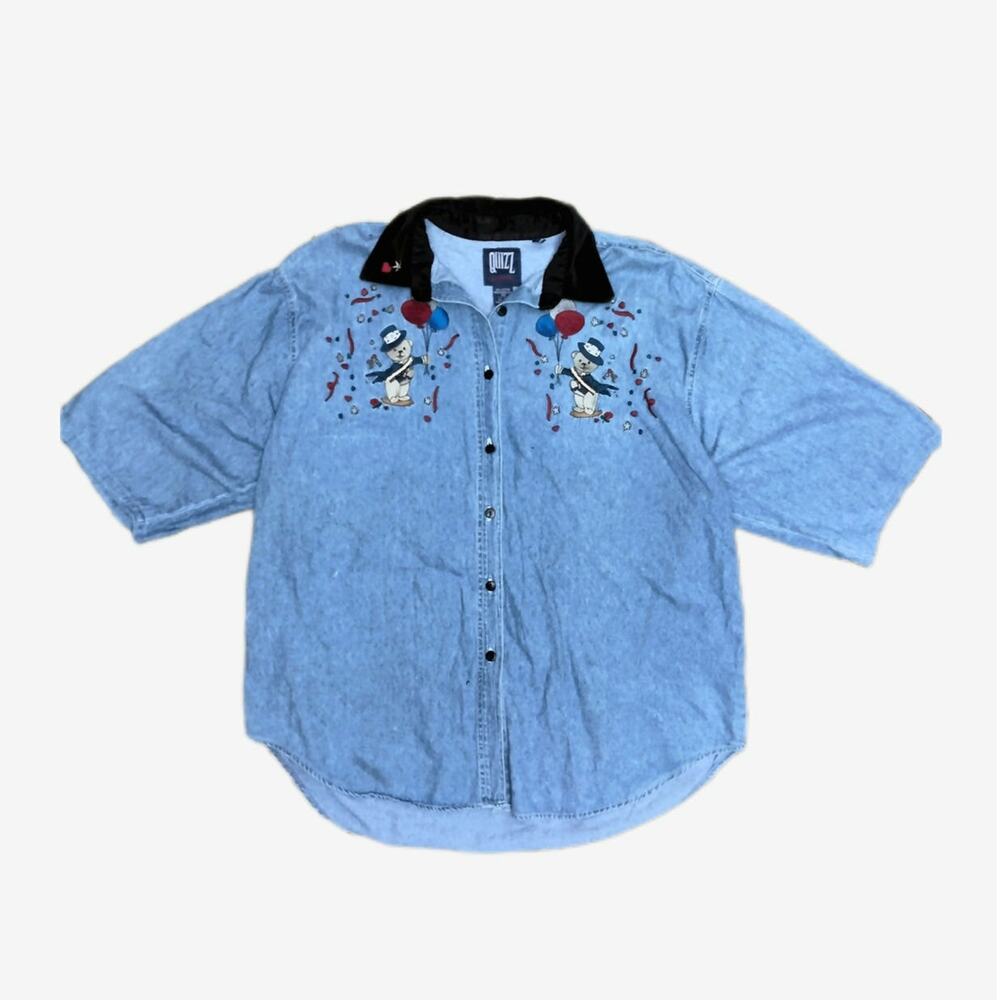 Quizz Womens Vintage Denim Shirt XXL Button Up New Years Party Embroidered Bears